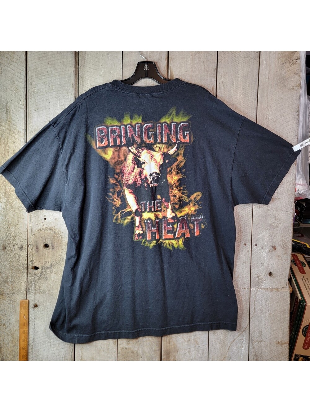 Vintage Biker T Shirt Bringing The Heat Bull Flame Graphic 2XL Black